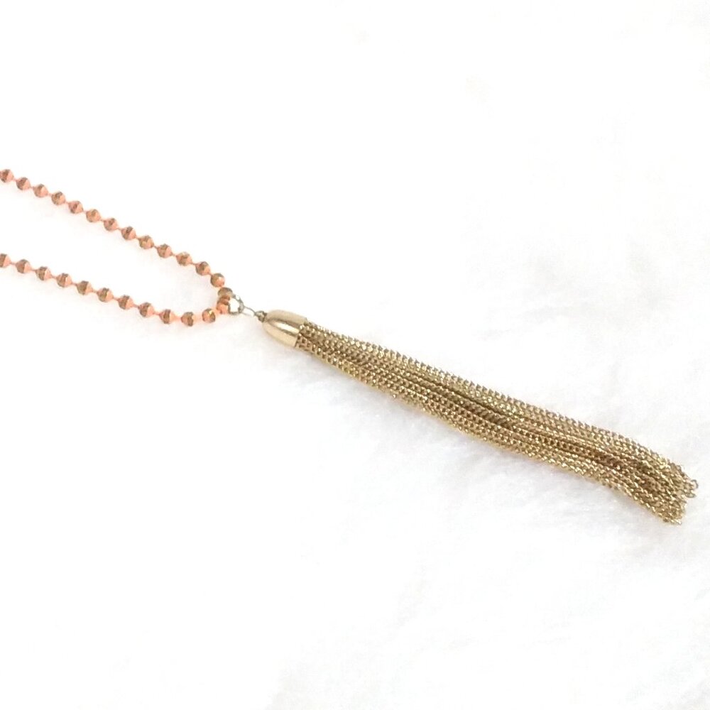 Dillards Necklace Gold And Enamel Orange Cut Out Bead with Long Chain Tassel